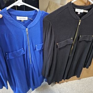 Calvin Klein Front-Zip Long Sleeve Blouse - Royal Blue & Black